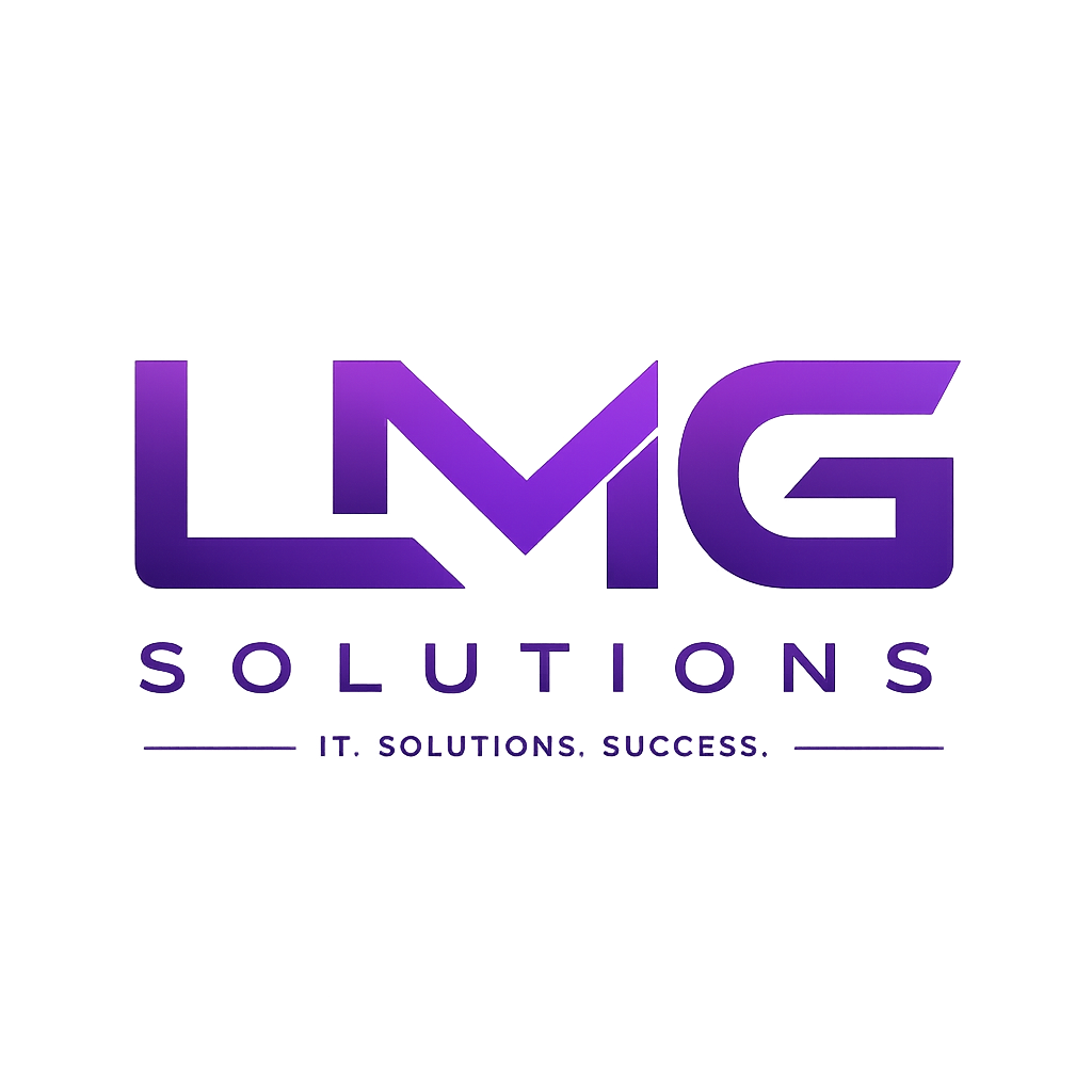 Hier steht der Firmennamen mit Lila Schrift. LMG Solutions